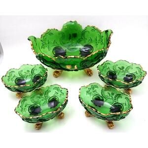 Antique Northwood EAPG Louis XV Emerald Green with Gold Gild Berry Bowl Set
